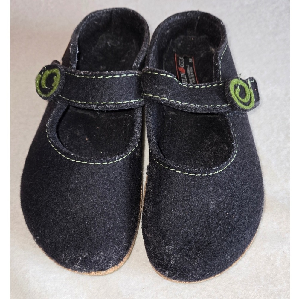 Haflinger Black Wool Mary Jane Clogs Green Stitching Cork Footbed EU 38 Womens 7